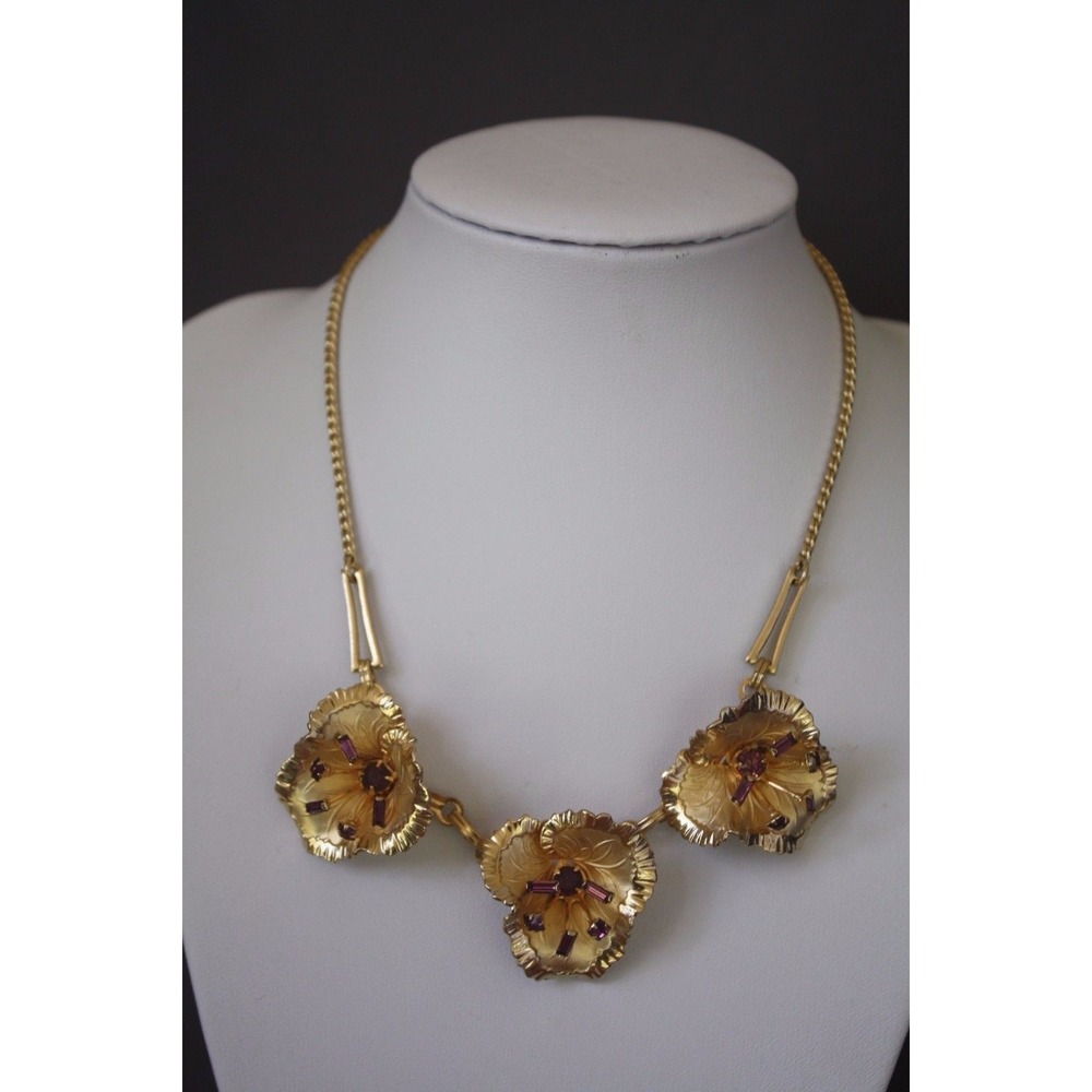 Vintage 50's 60's Goldtone  Amyethyst RHINESTONE Floral Rhinestone